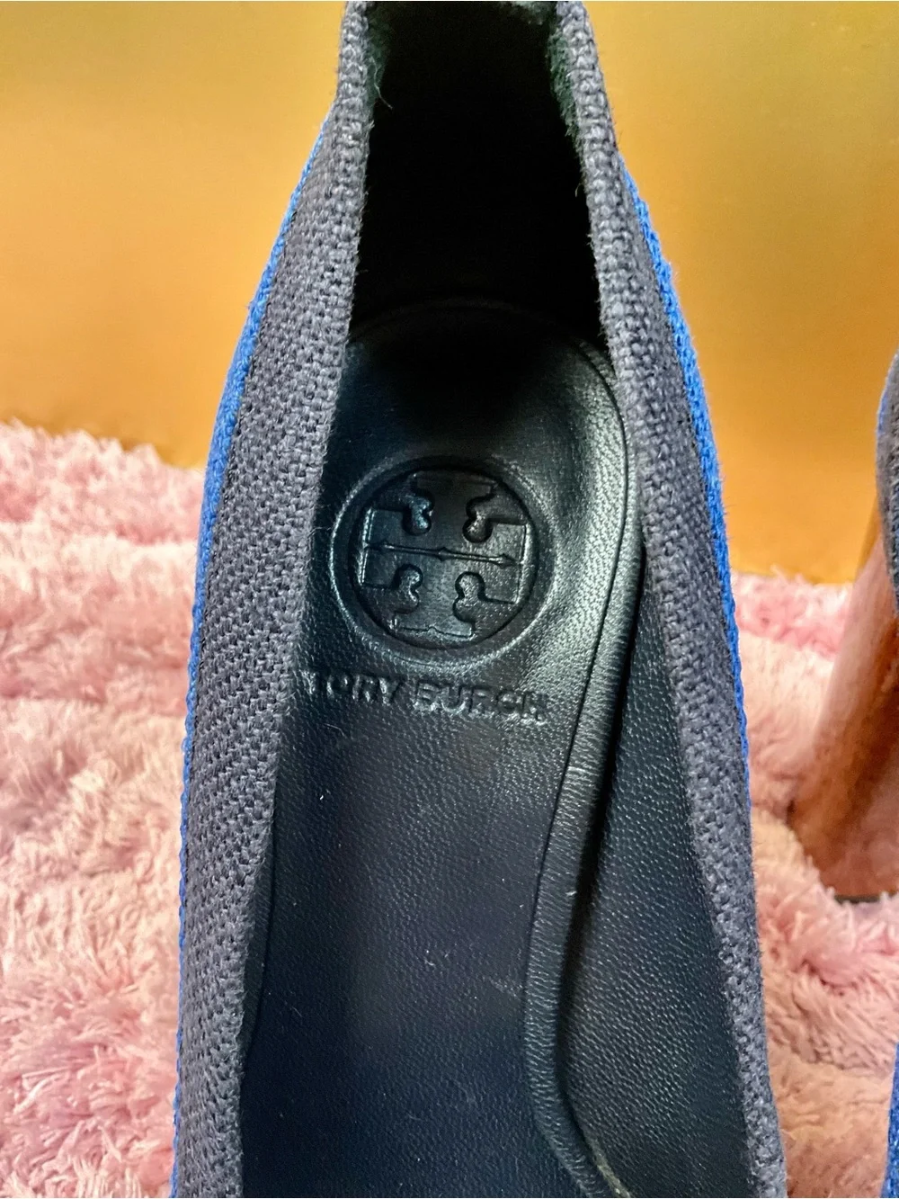 Tory Burch Blue and Black Striped Platform Pumps